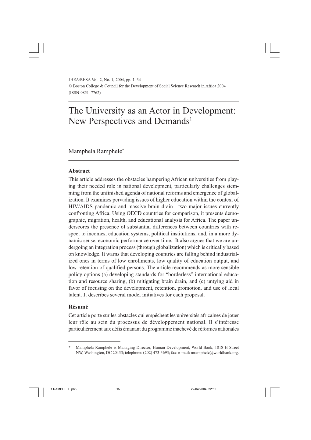 The University As an Actor in Development: New Perspectives and Demands1