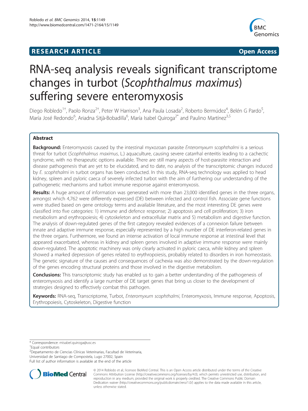 RNA-Seq Analysis Reveals Significant Transcriptome Changes in Turbot (Scophthalmus Maximus) Suffering Severe Enteromyxosis