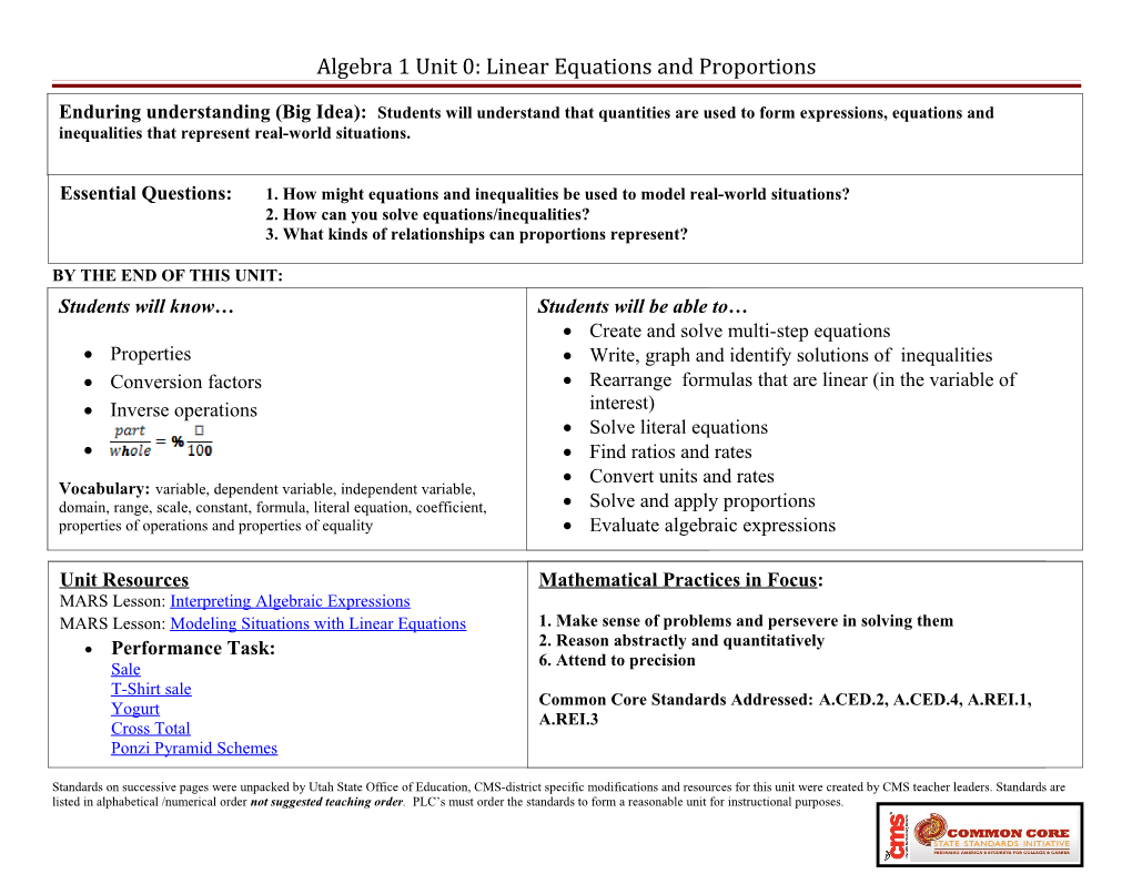 Algebra 1 Unit 0: Linear Equations and Proportions