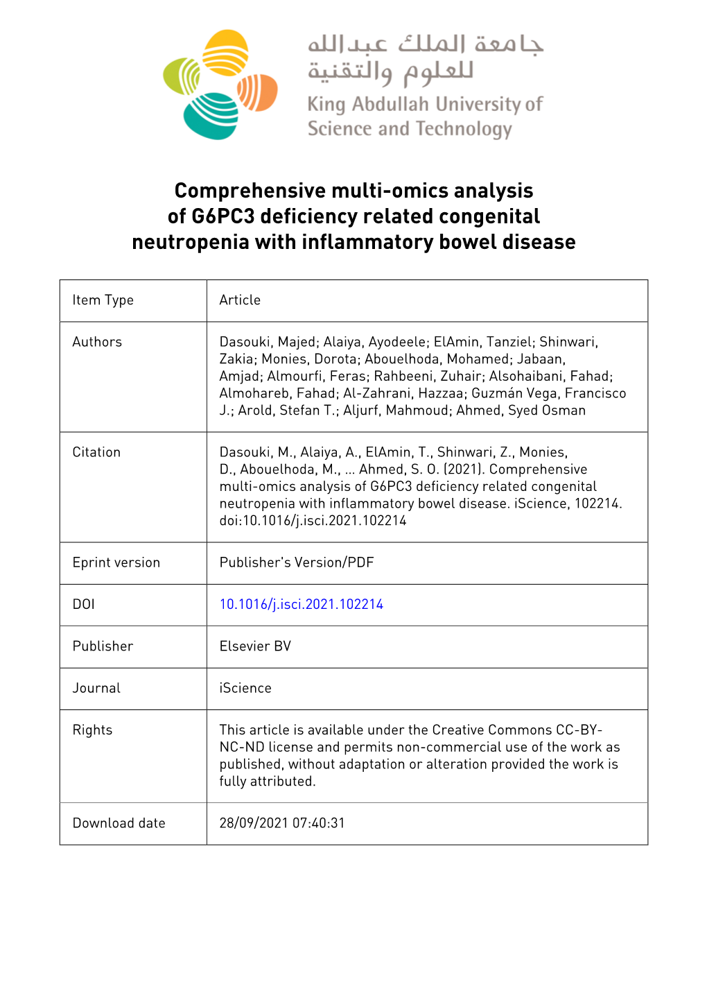 Comprehensive Multi-Omics Analysis of G6PC3 Deficiency Related Congenital Neutropenia with Inflammatory Bowel Disease