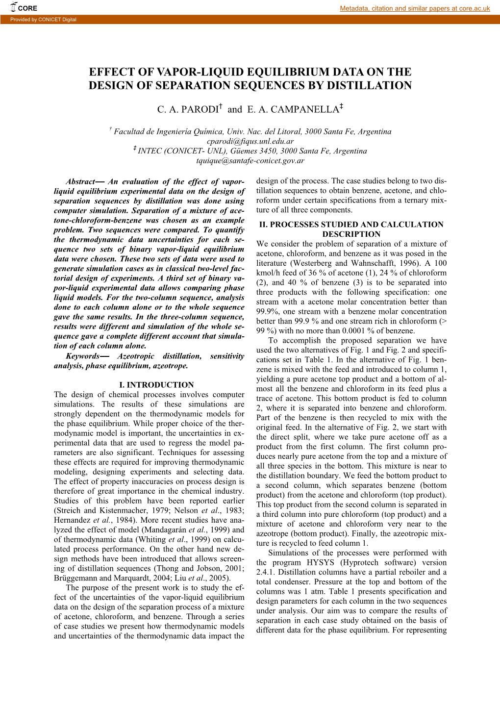 Simulation of Distillation Sequences for Acetone-Chloroform-Benzene Separation