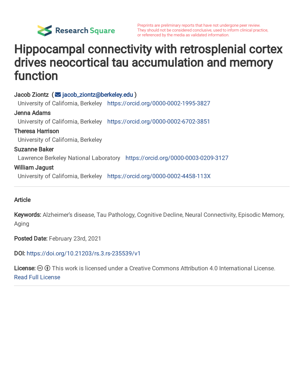 Hippocampal Connectivity with Retrosplenial Cortex Drives Neocortical Tau Accumulation and Memory Function