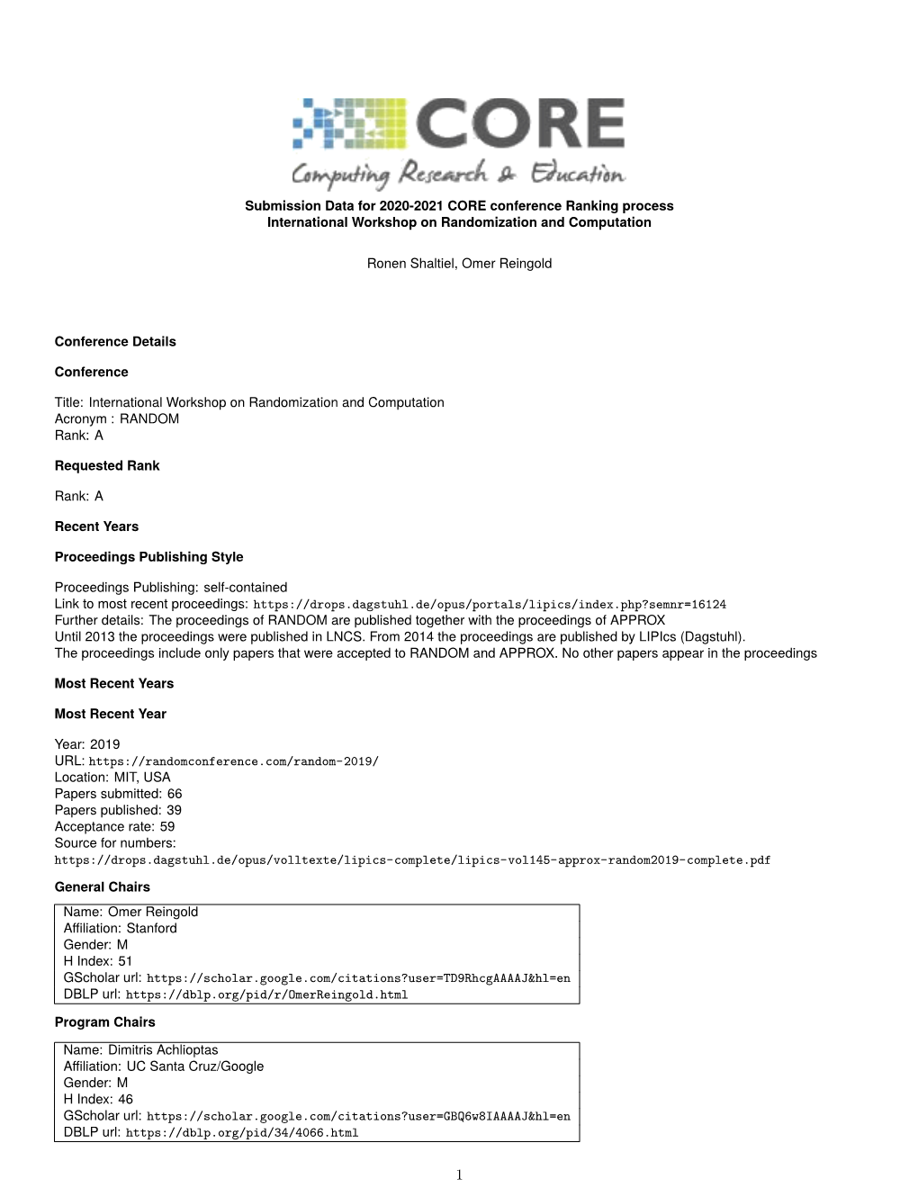 Submission Data for 2020-2021 CORE Conference Ranking Process International Workshop on Randomization and Computation