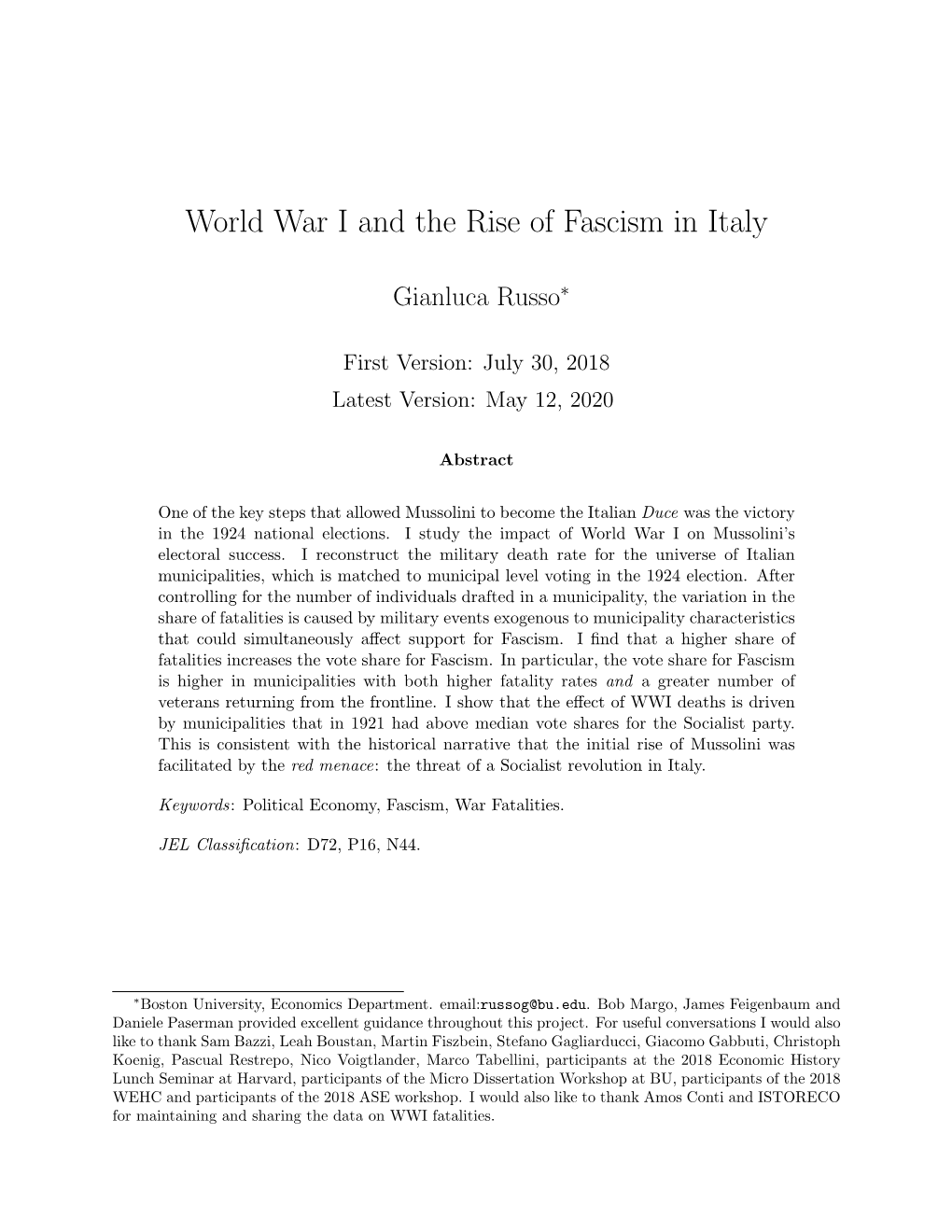 World War I and the Rise of Fascism in Italy