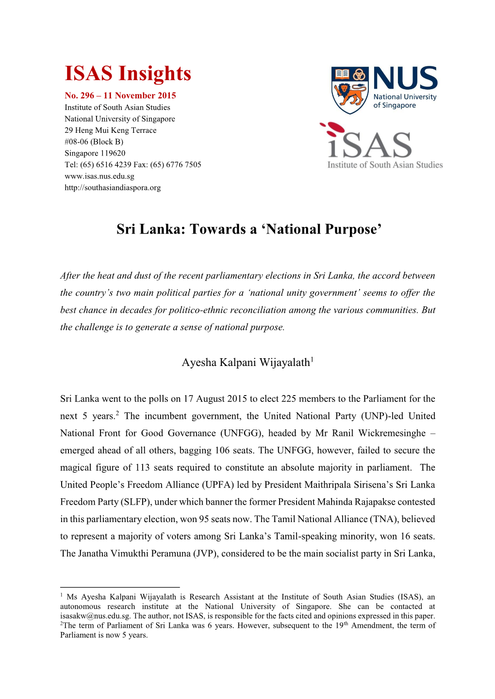 Sri Lanka: Towards a ‘National Purpose’