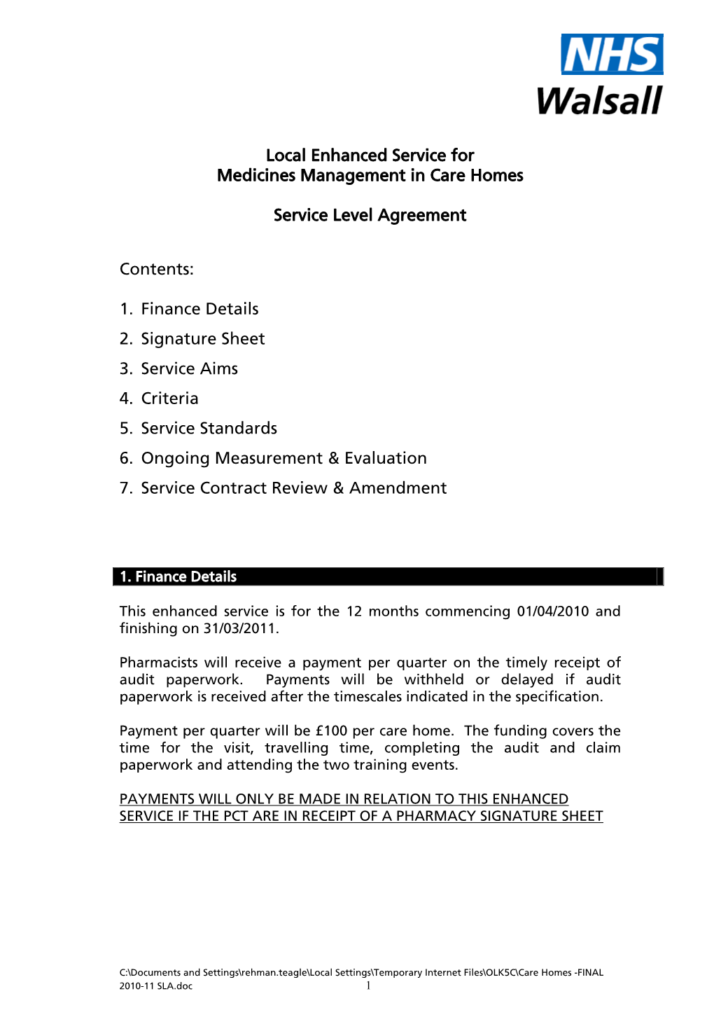 Local Enhanced Service for Medicines Management in Care Homes Service Level Agreement Contents