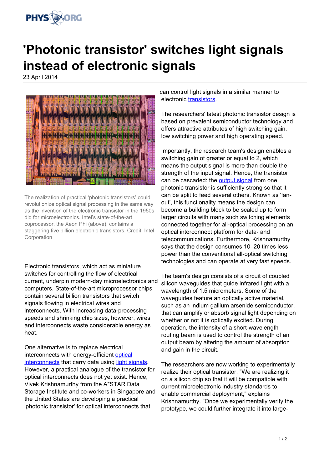 'Photonic Transistor' Switches Light Signals Instead of Electronic Signals 23 April 2014