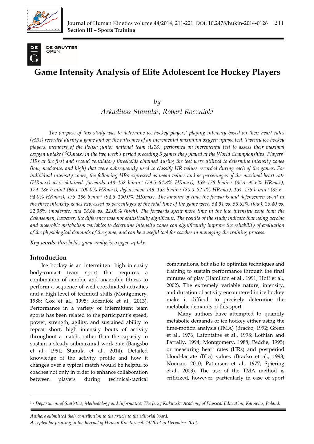 Game Intensity Analysis of Elite Adolescent Ice Hockey Players