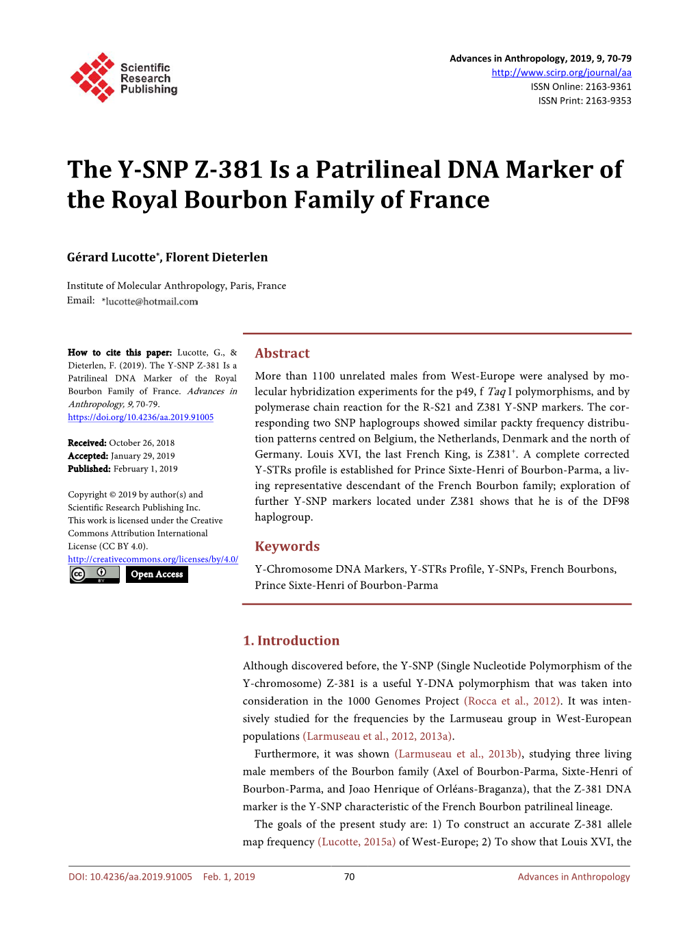 The Y-SNP Z-381 Is a Patrilineal DNA Marker of the Royal Bourbon Family of France