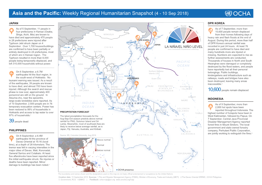 Asia and the Pacific: Weekly Regional Humanitarian Snapshot (4 - 10 Sep 2018)