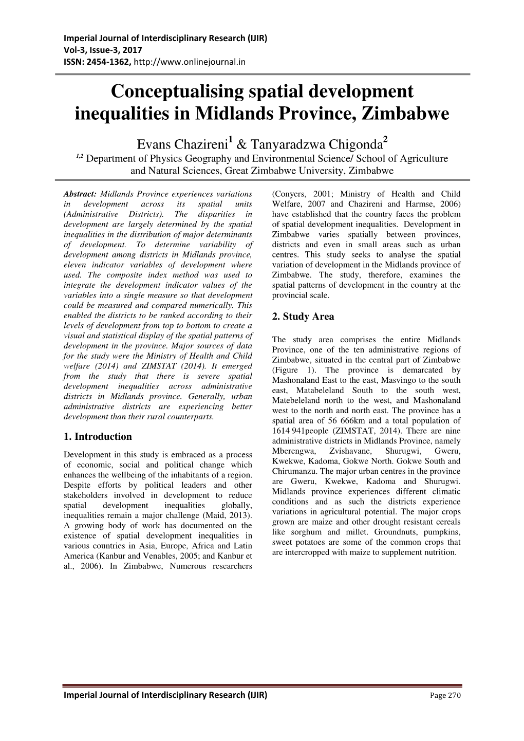 Conceptualising Spatial Development Inequalities in Midlands Province, Zimbabwe