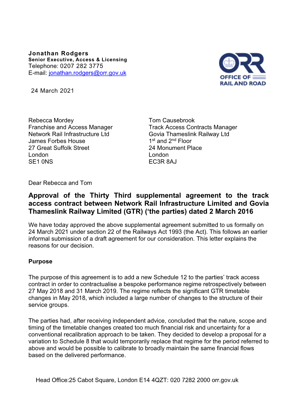 Govia Thameslink Railway Limited 33Rd SA- Decision Letter