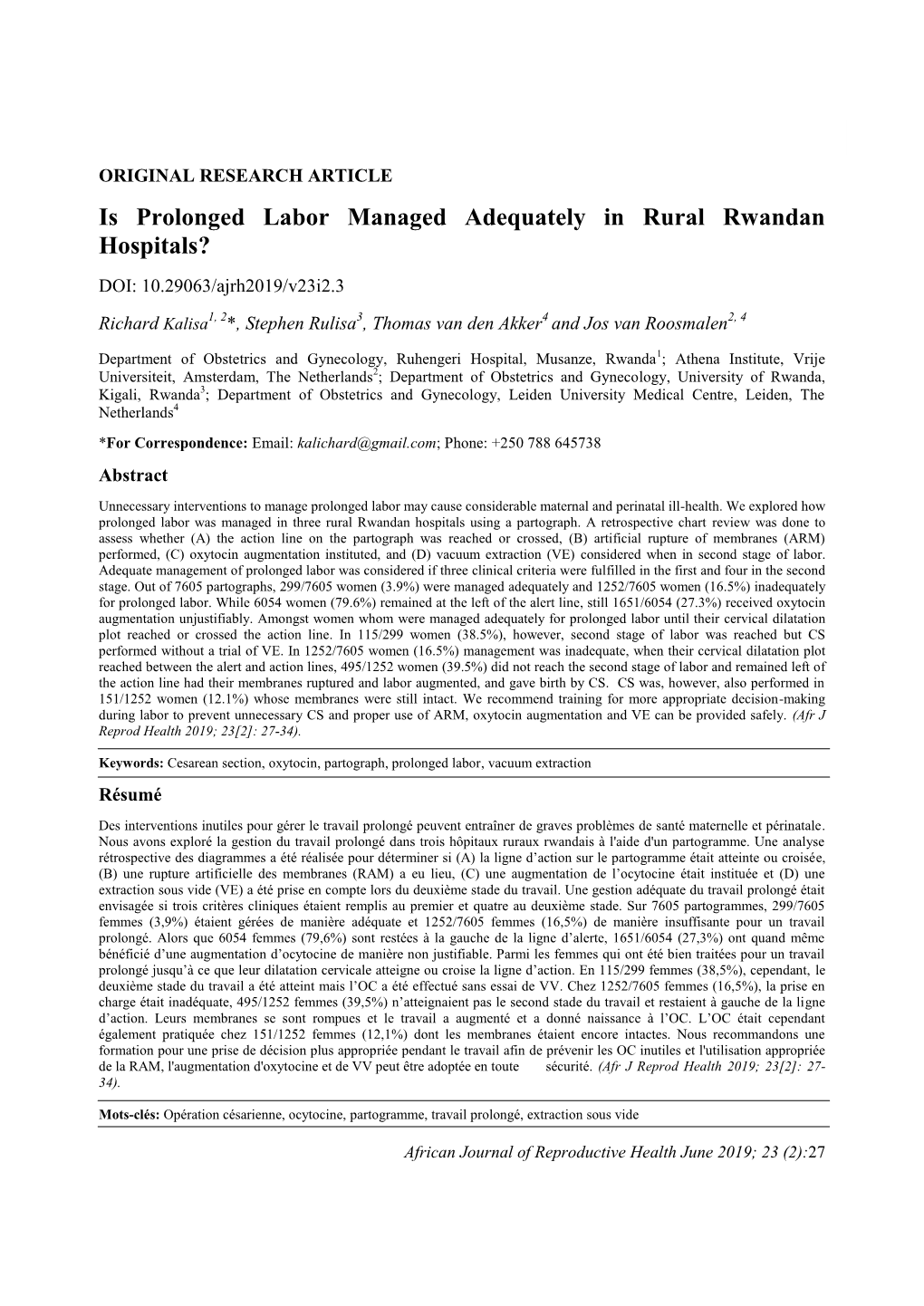 Is Prolonged Labor Managed Adequately in Rural Rwandan Hospitals?