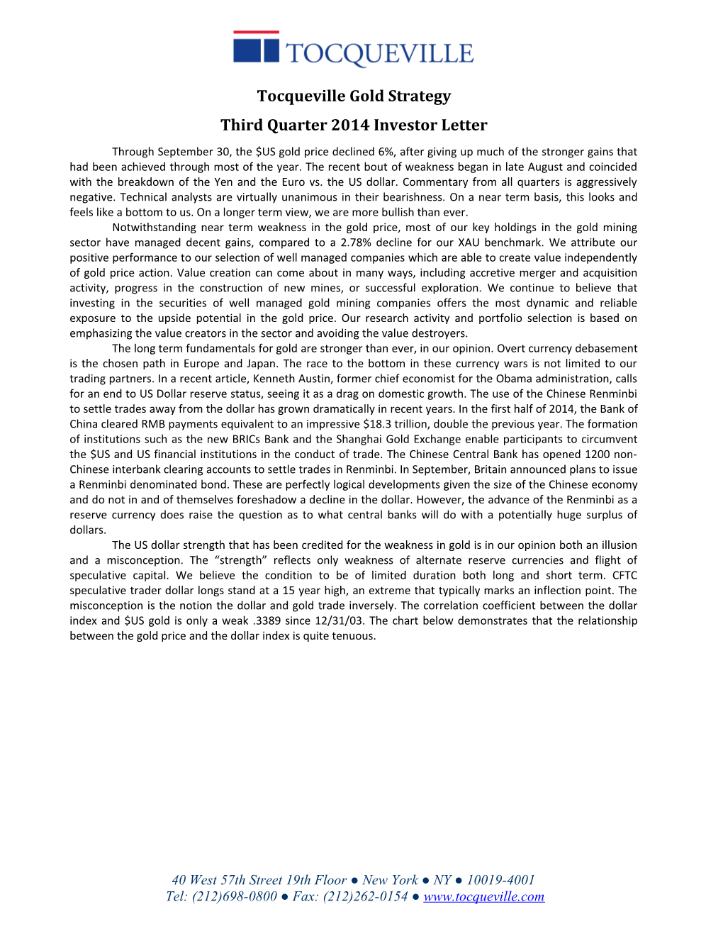 Third Quarter 2014 Investor Letter