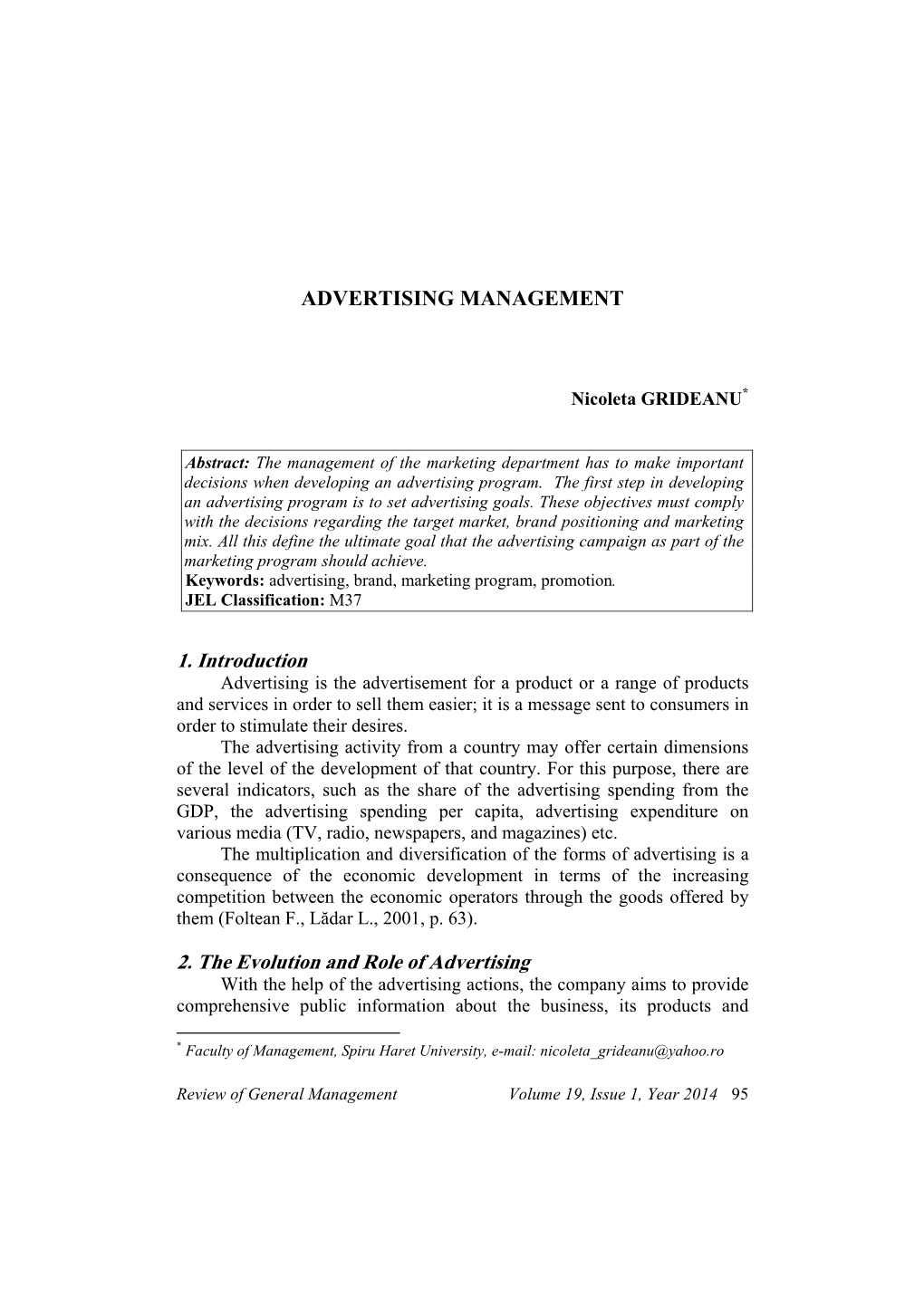 ADVERTISING MANAGEMENT 1. Introduction 2. the Evolution And