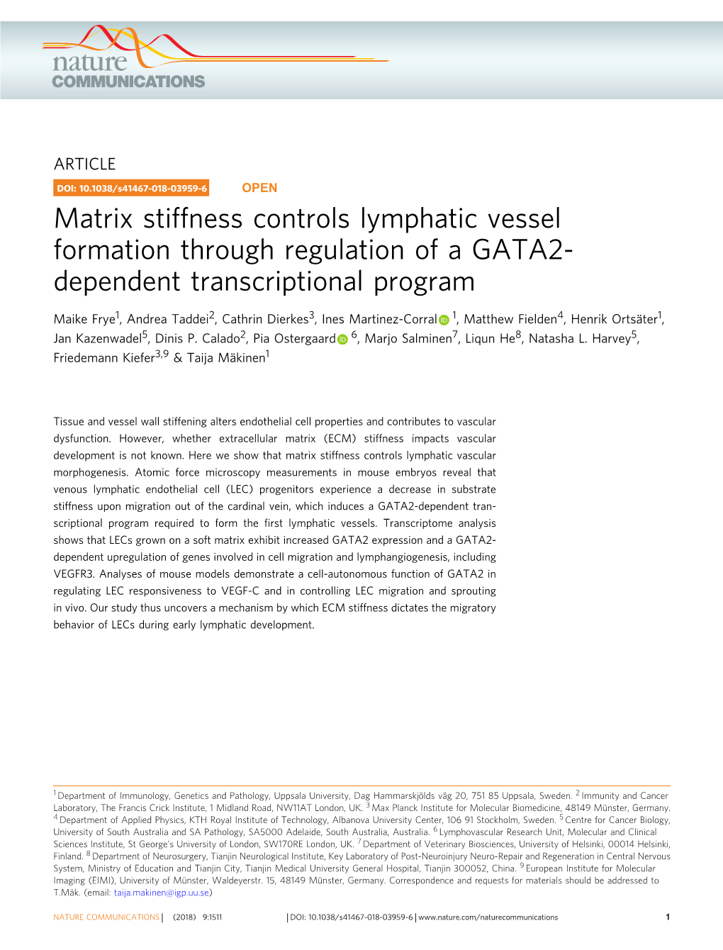 Matrix Stiffness Controls Lymphatic Vessel Formation Through Regulation of a GATA2- Dependent Transcriptional Program