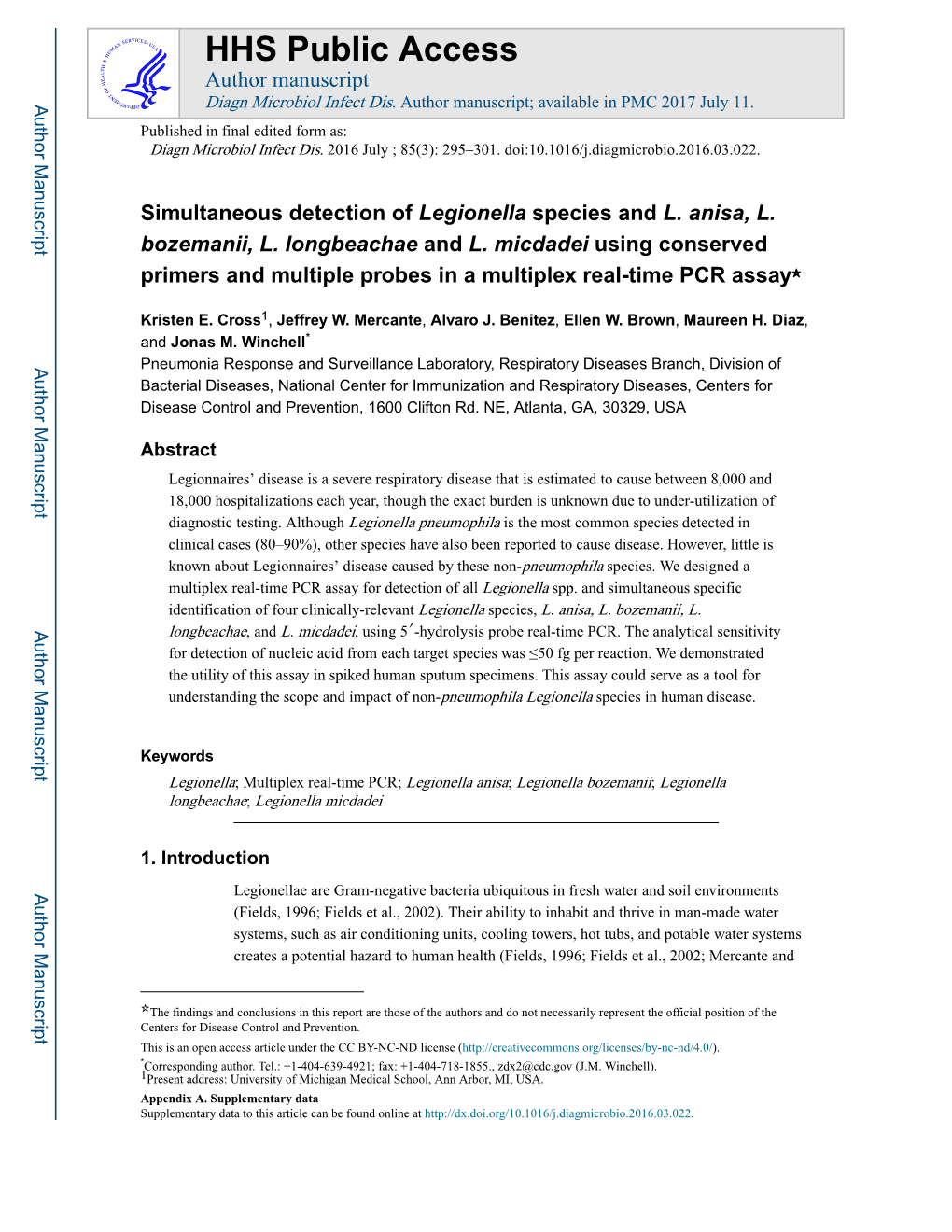 Simultaneous Detection of Legionella Species and L. Anisa, L. Bozemanii, L