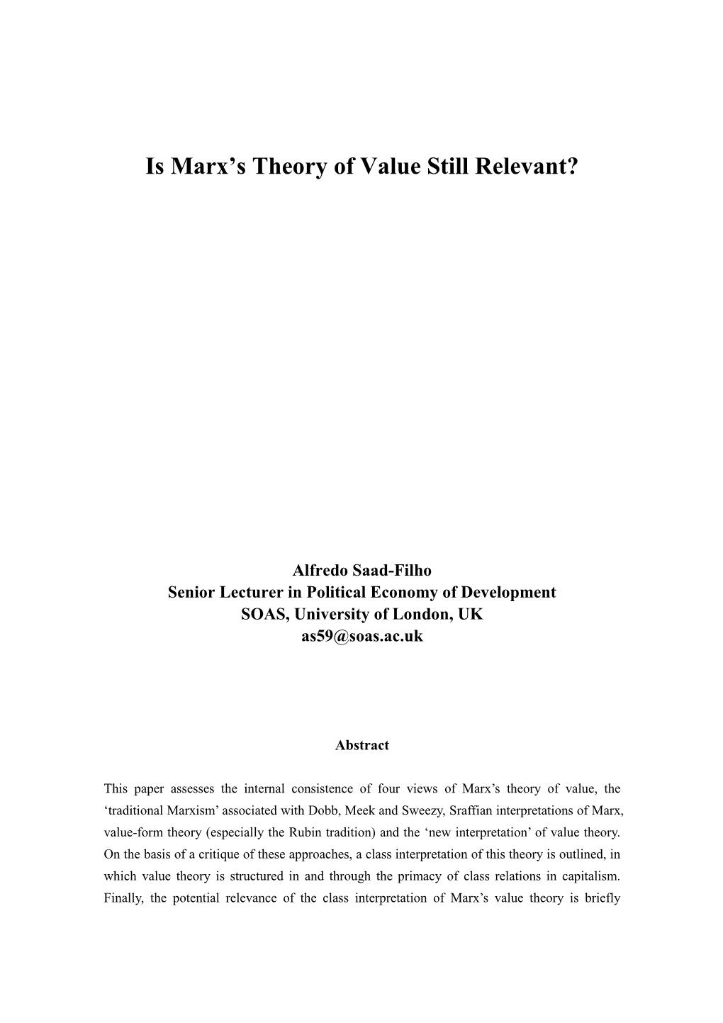 Is Marx's Theory of Value Still Relevant?