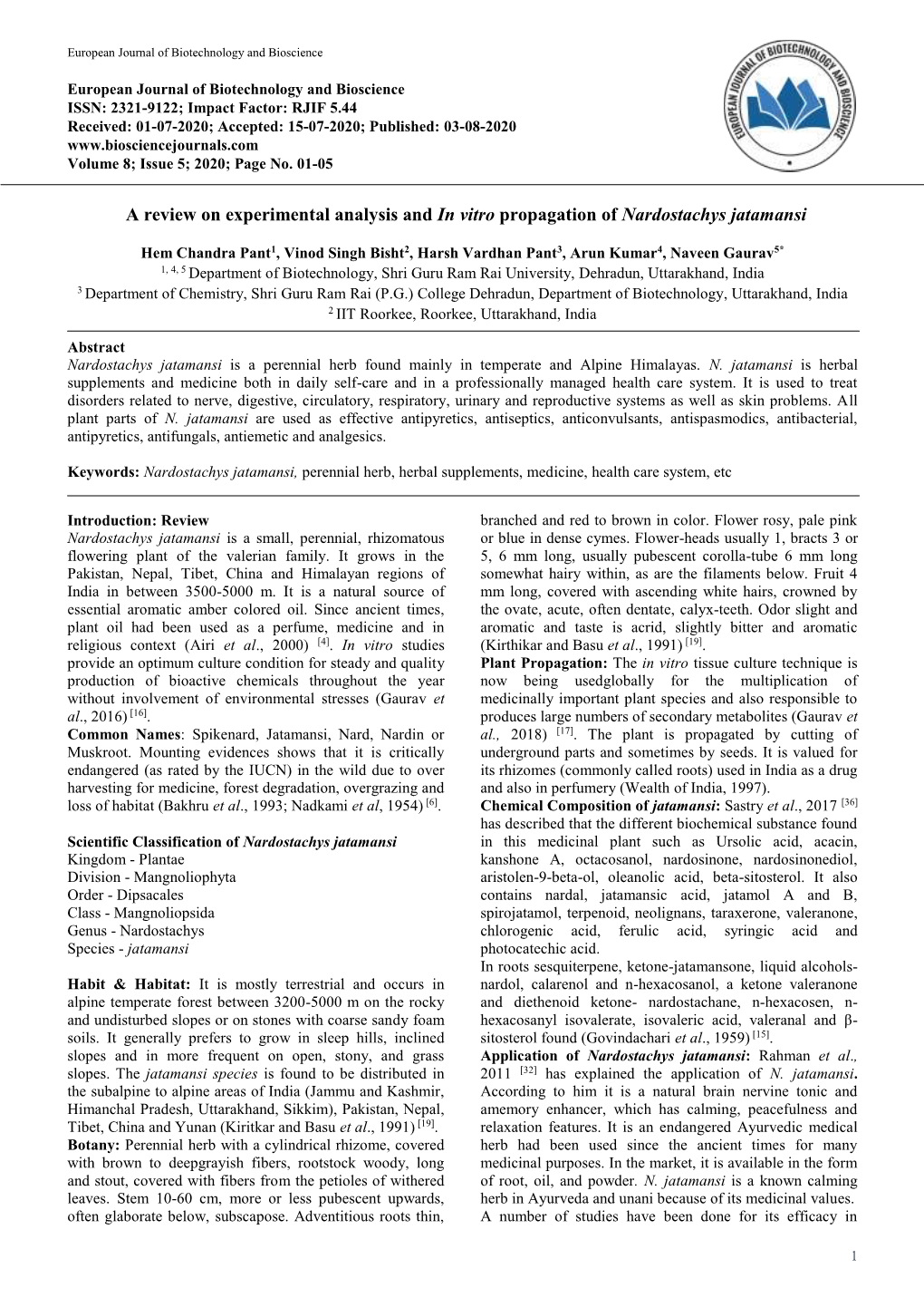 A Review on Experimental Analysis and in Vitro Propagation of Nardostachys Jatamansi