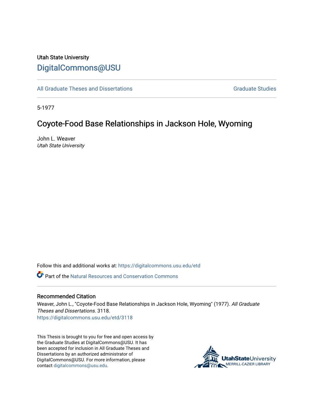 Coyote-Food Base Relationships in Jackson Hole, Wyoming