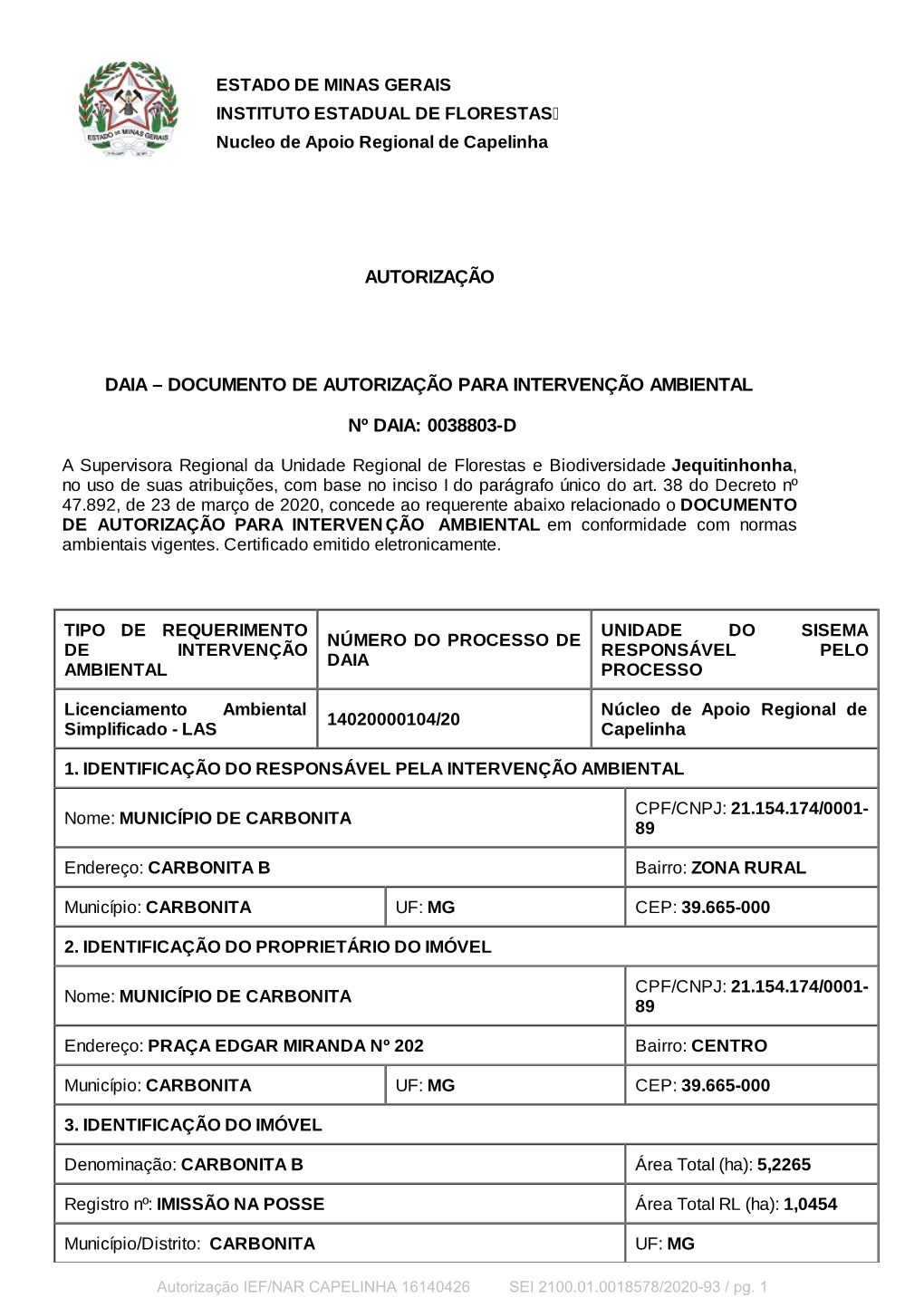 Documento De Autorização Para Intervenção Ambiental