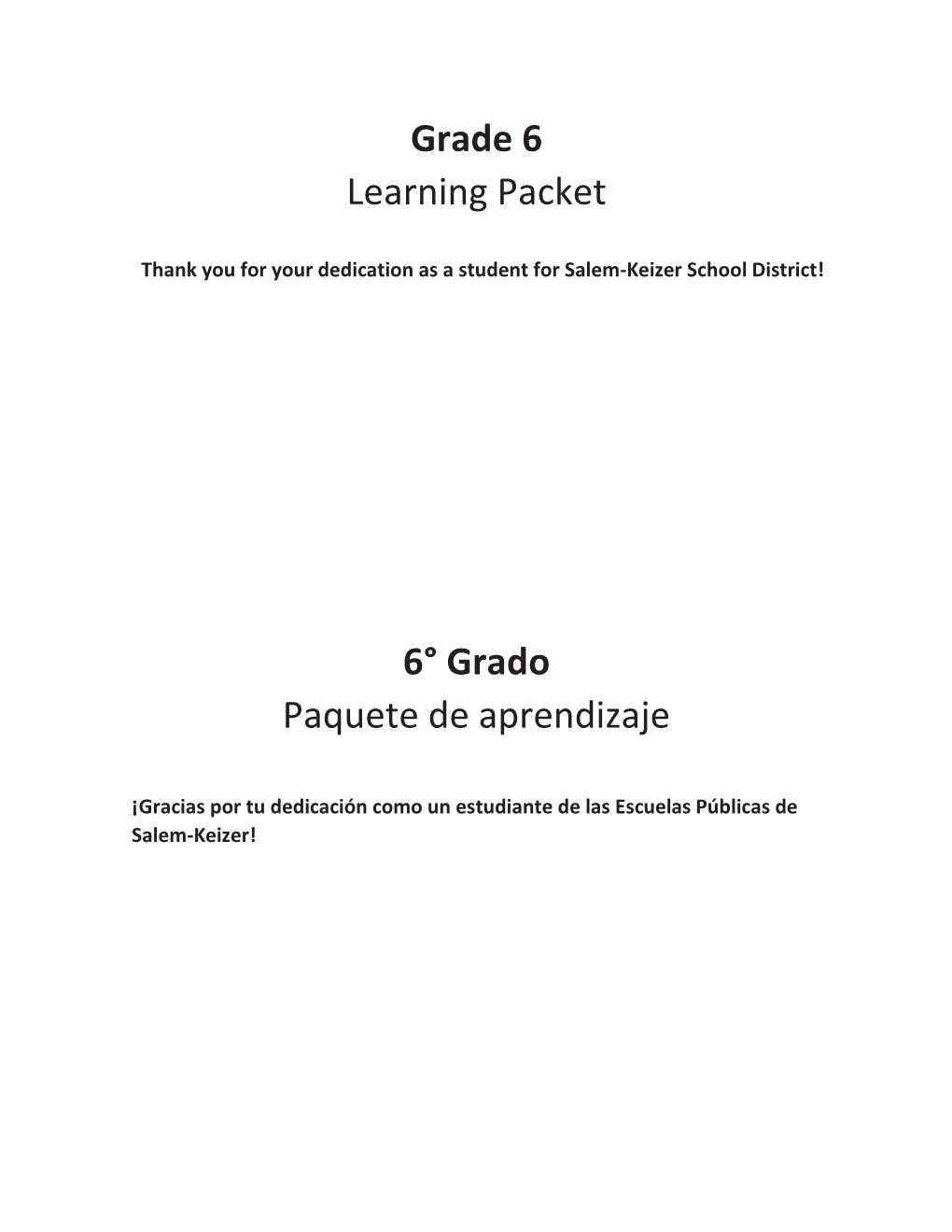 Grade 6 Learning Packet 6° Grado Paquete De Aprendizaje