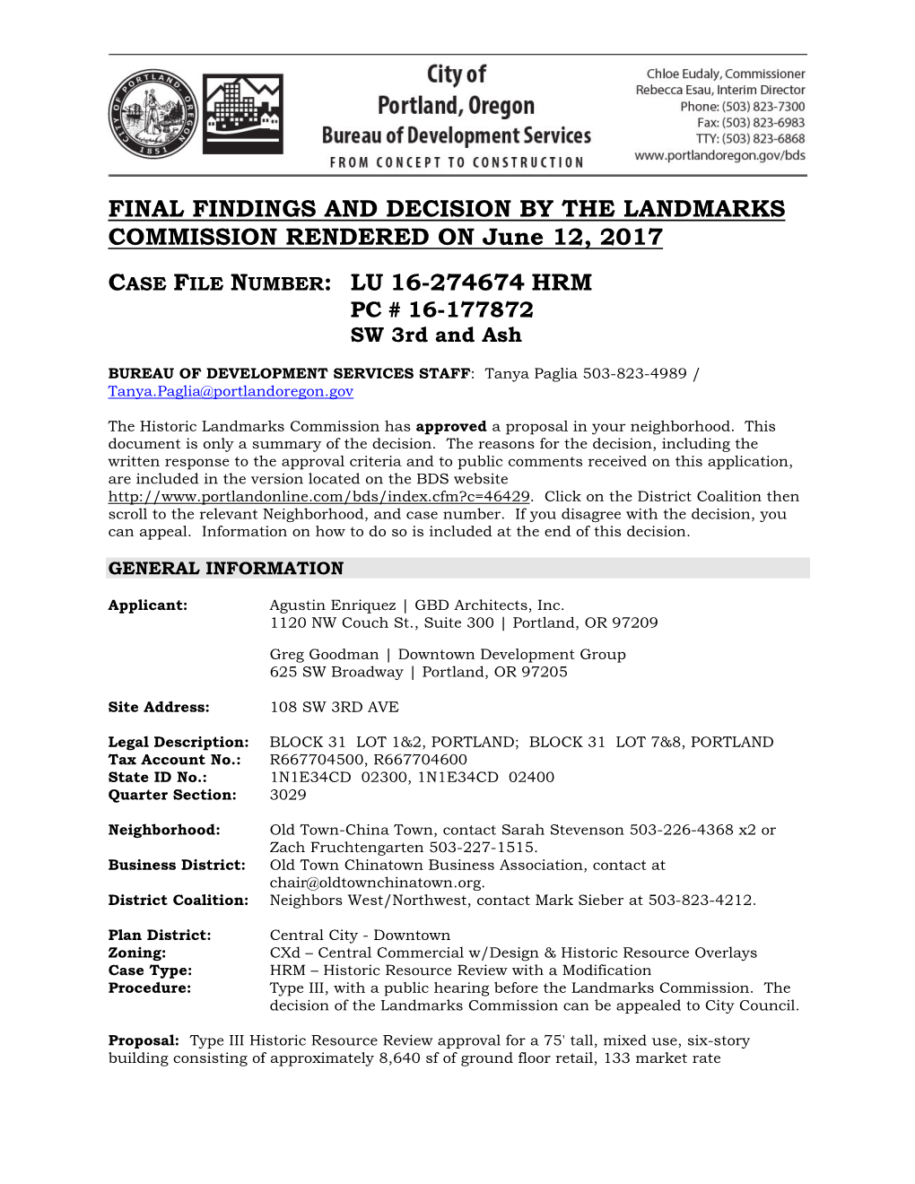 FINAL FINDINGS and DECISION by the LANDMARKS COMMISSION RENDERED on June 12, 2017