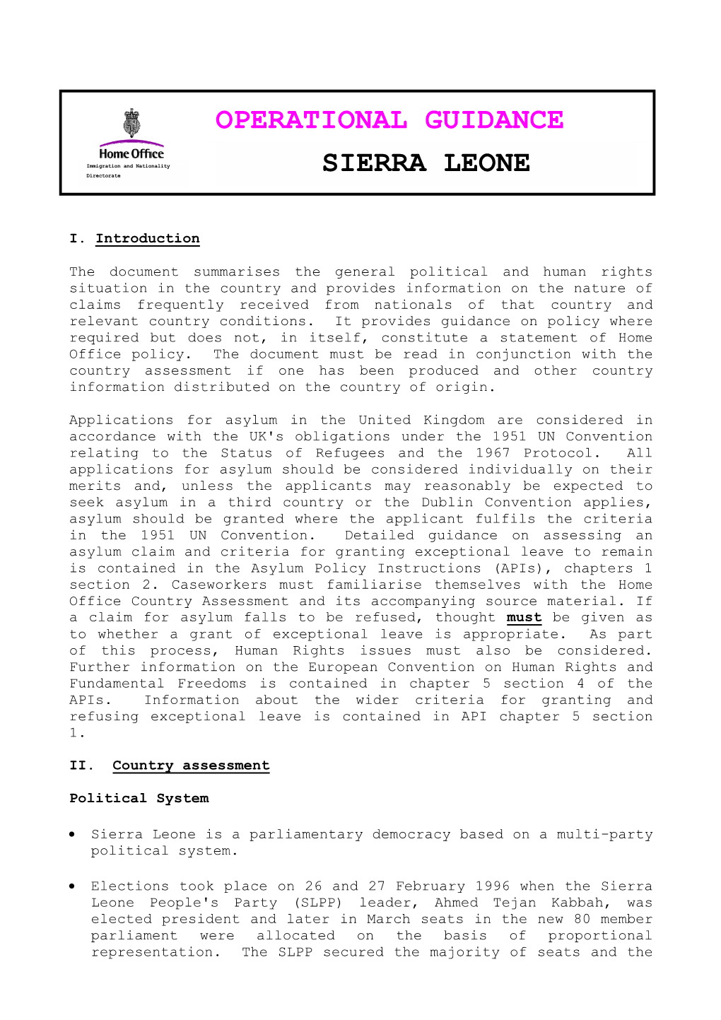 Operational Guidance Sierra Leone