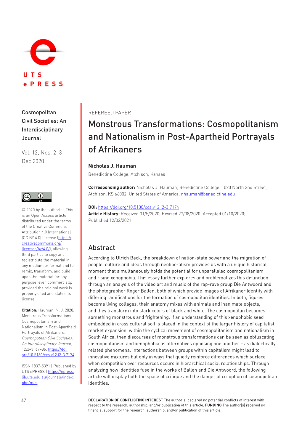 Cosmopolitanism and Nationalism in Post- Apartheid Portrayals Of