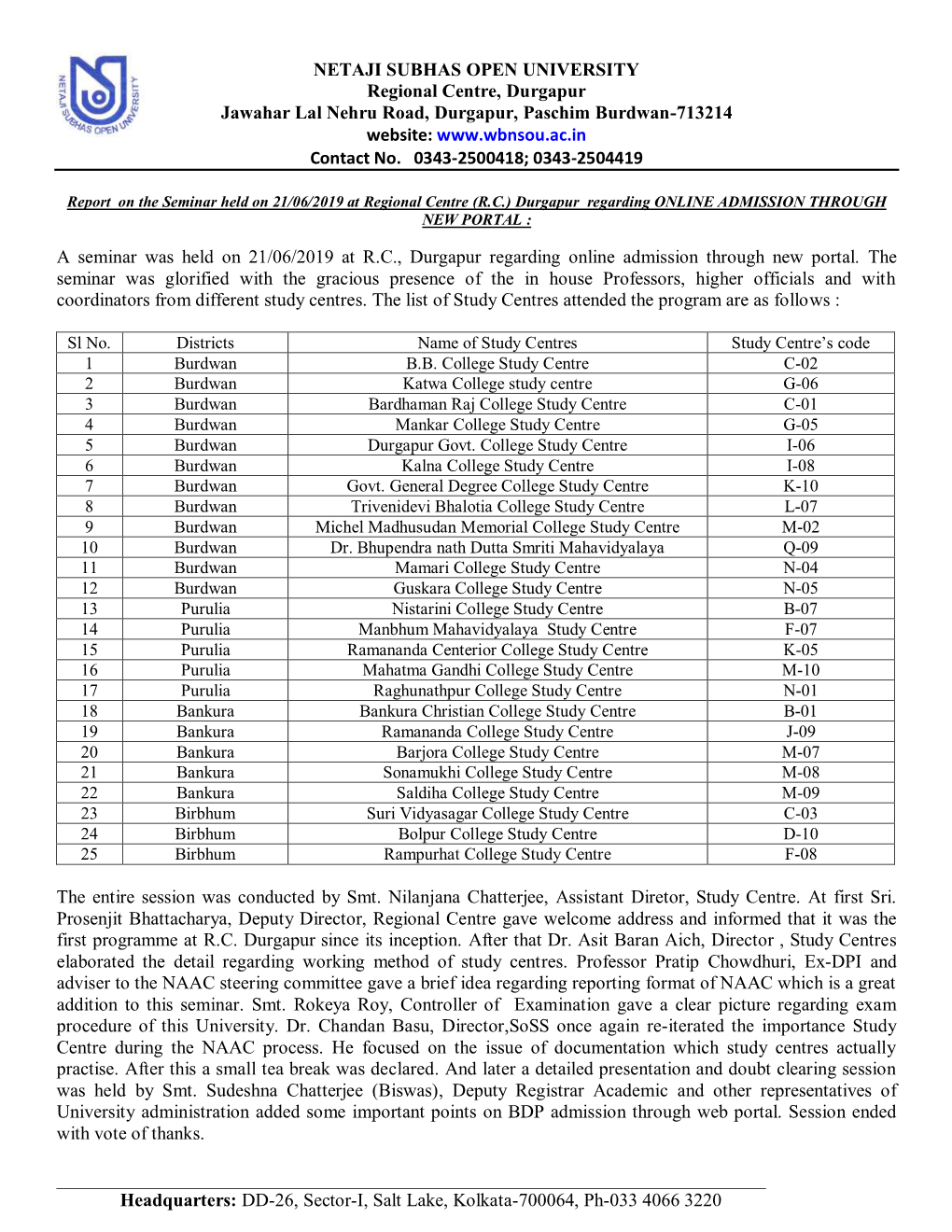 Report on the Seminar Held on 21/06/2019 at Regional Centre (R.C.) Durgapur Regarding ONLINE ADMISSION THROUGH NEW PORTAL