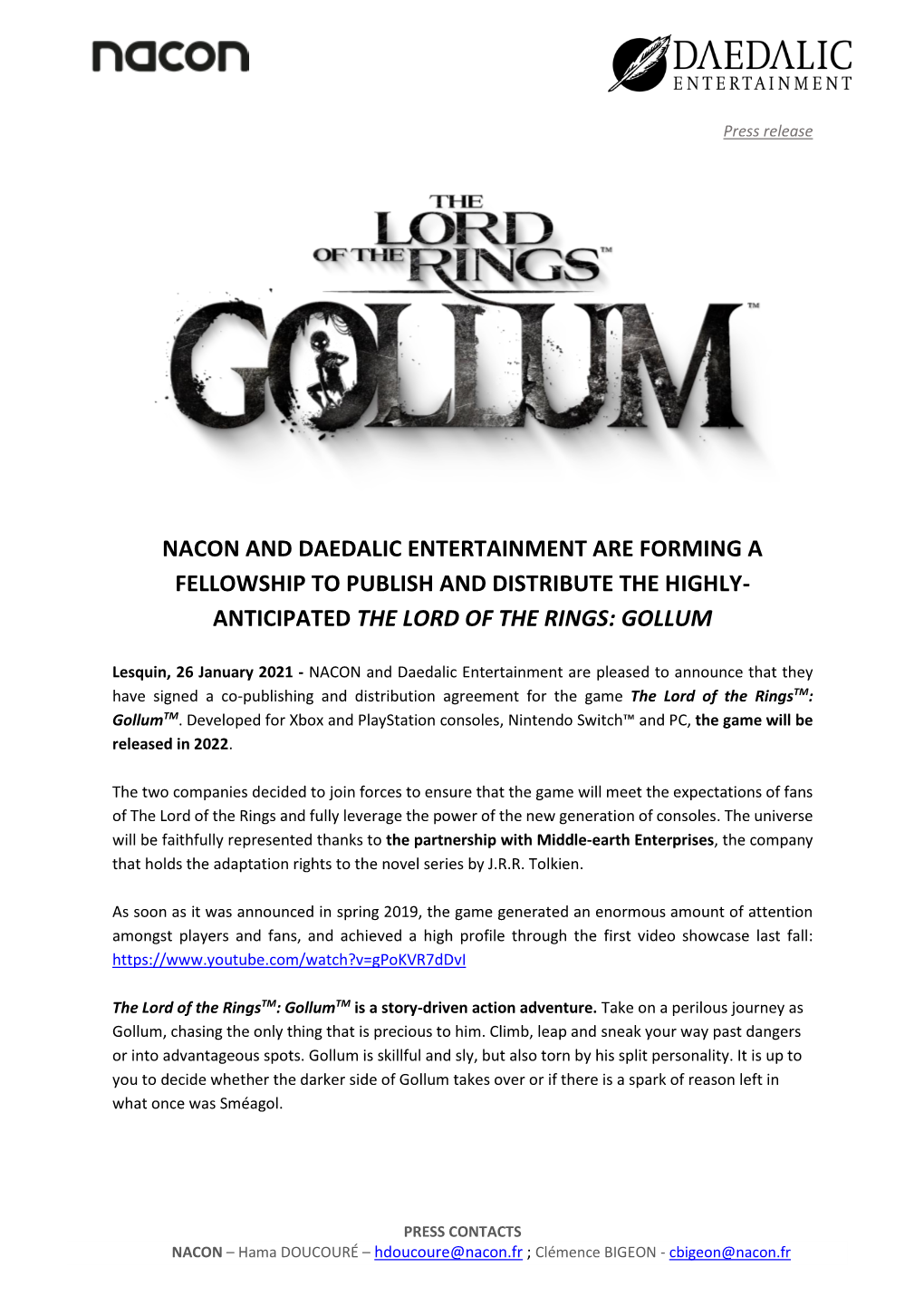 Nacon and Daedalic Entertainment Are Forming a Fellowship to Publish and Distribute the Highly- Anticipated the Lord of the Rings: Gollum