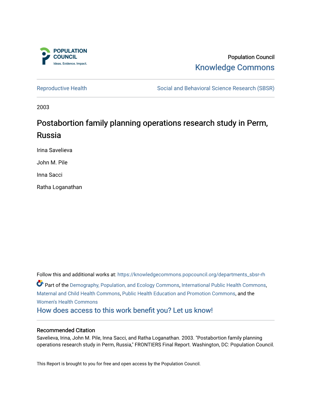 Postabortion Family Planning Operations Research Study in Perm, Russia