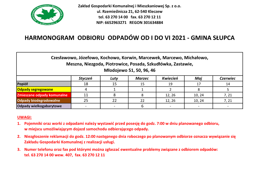 Harmonogram Odbioru Odpadów Od I Do Vi 2021 - Gmina Słupca