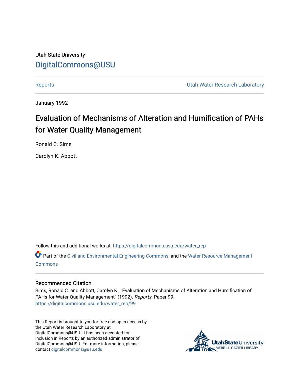 Evaluation of Mechanisms of Alteration and Humification of Pahs for Water Quality Management" (1992)