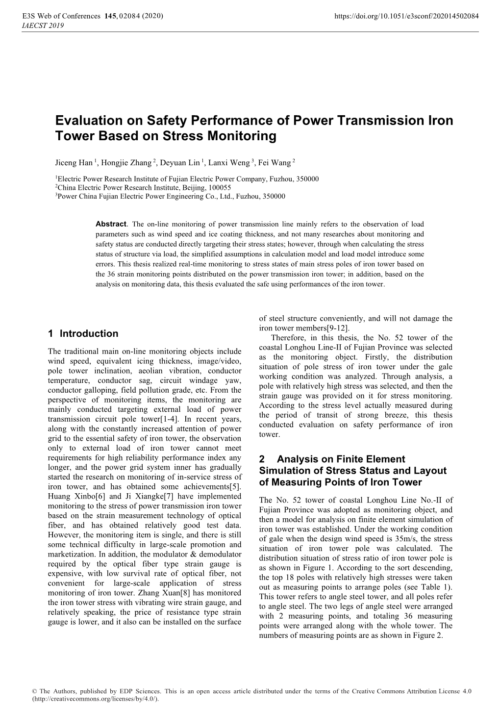 Evaluation on Safety Performance of Power Transmission Iron Tower Based on Stress Monitoring