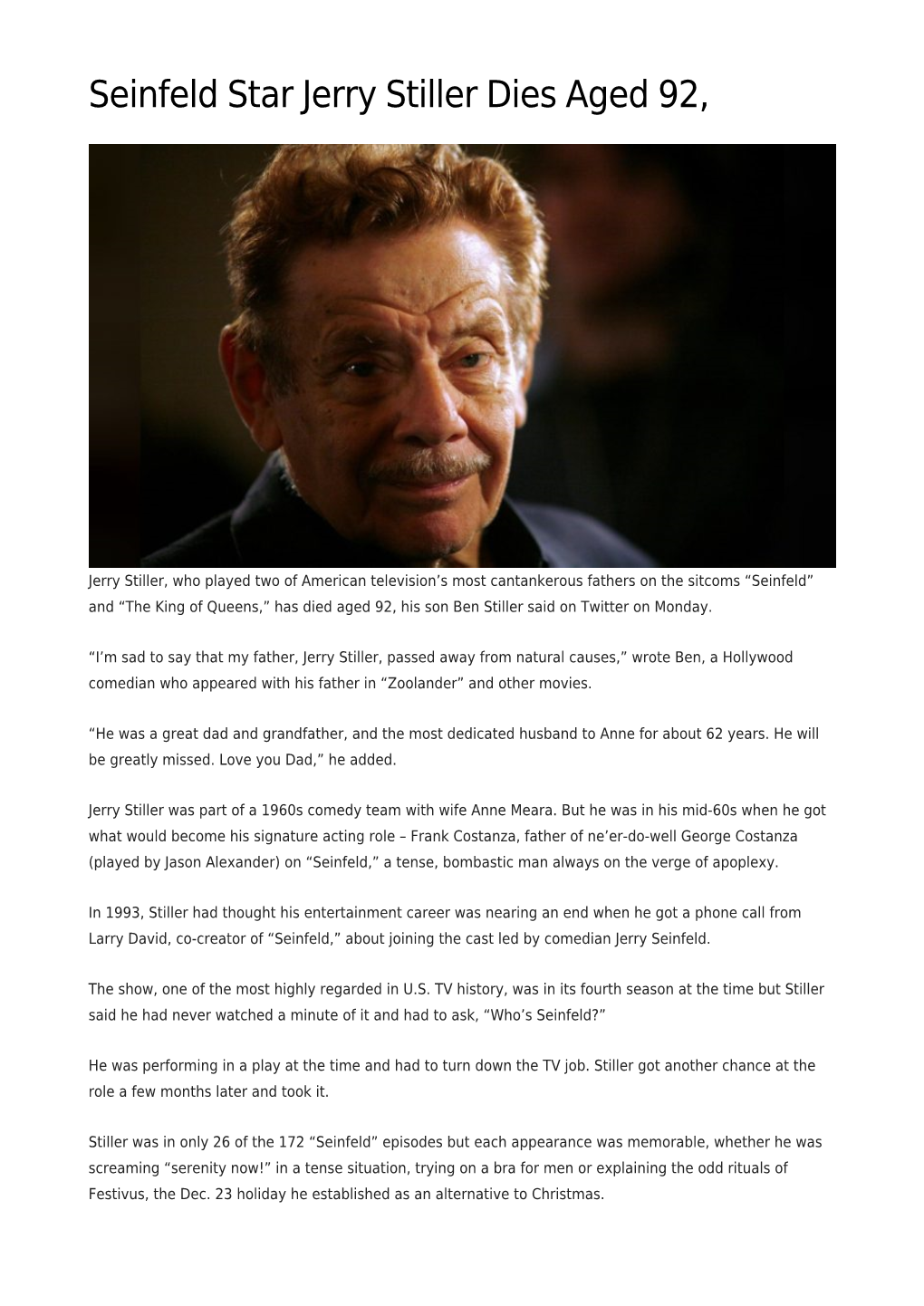 Seinfeld Star Jerry Stiller Dies Aged 92