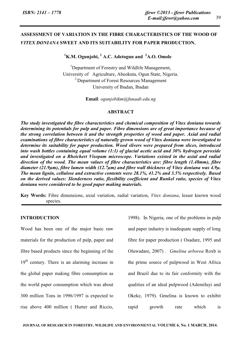 39 Assessment of Variation in the Fibre Characteristics of the Wood of Vitex