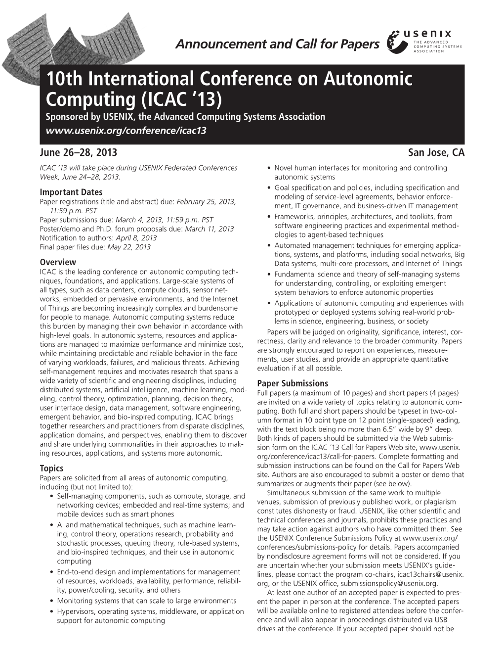 10Th International Conference on Autonomic Computing (ICAC ’13) Sponsored by USENIX, the Advanced Computing Systems Association