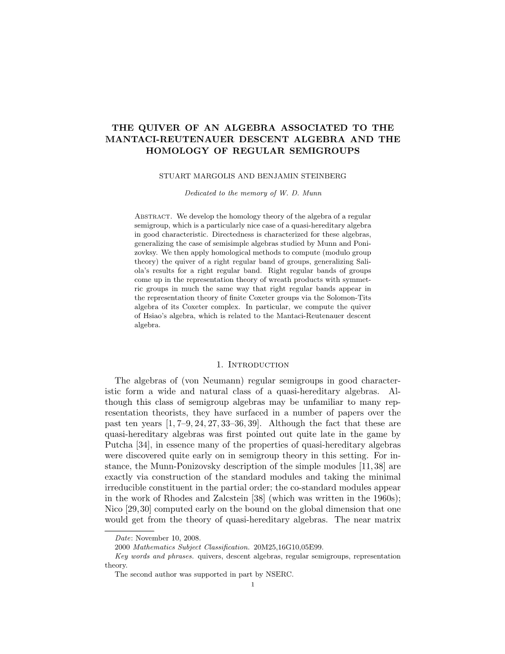 THE QUIVER of an ALGEBRA ASSOCIATED to the MANTACI-REUTENAUER DESCENT ALGEBRA and the HOMOLOGY of REGULAR SEMIGROUPS 1. Introduc