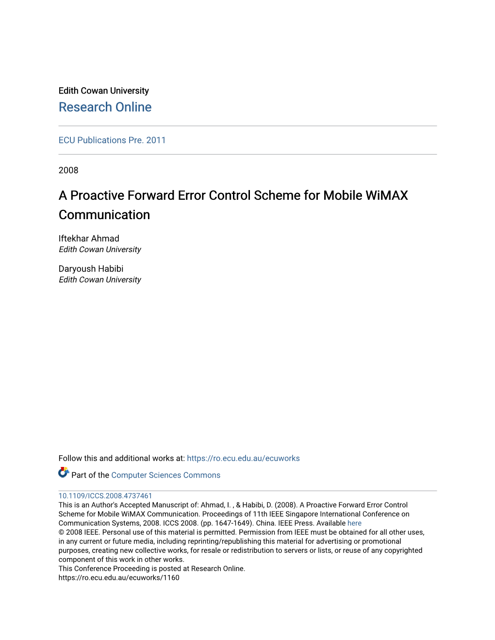 A Proactive Forward Error Control Scheme for Mobile Wimax Communication