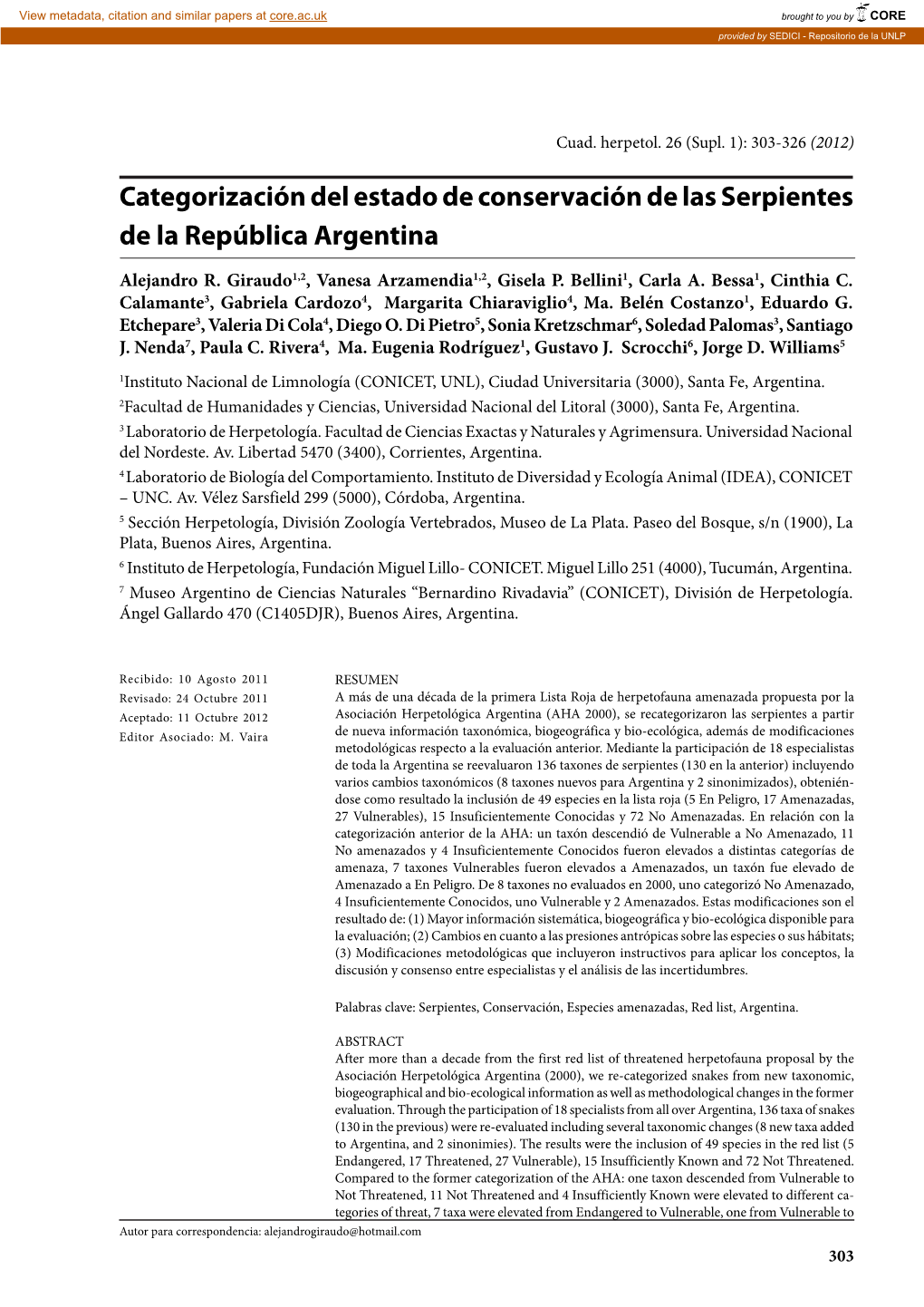 Categorización Del Estado De Conservación De Las Serpientes De La República Argentina