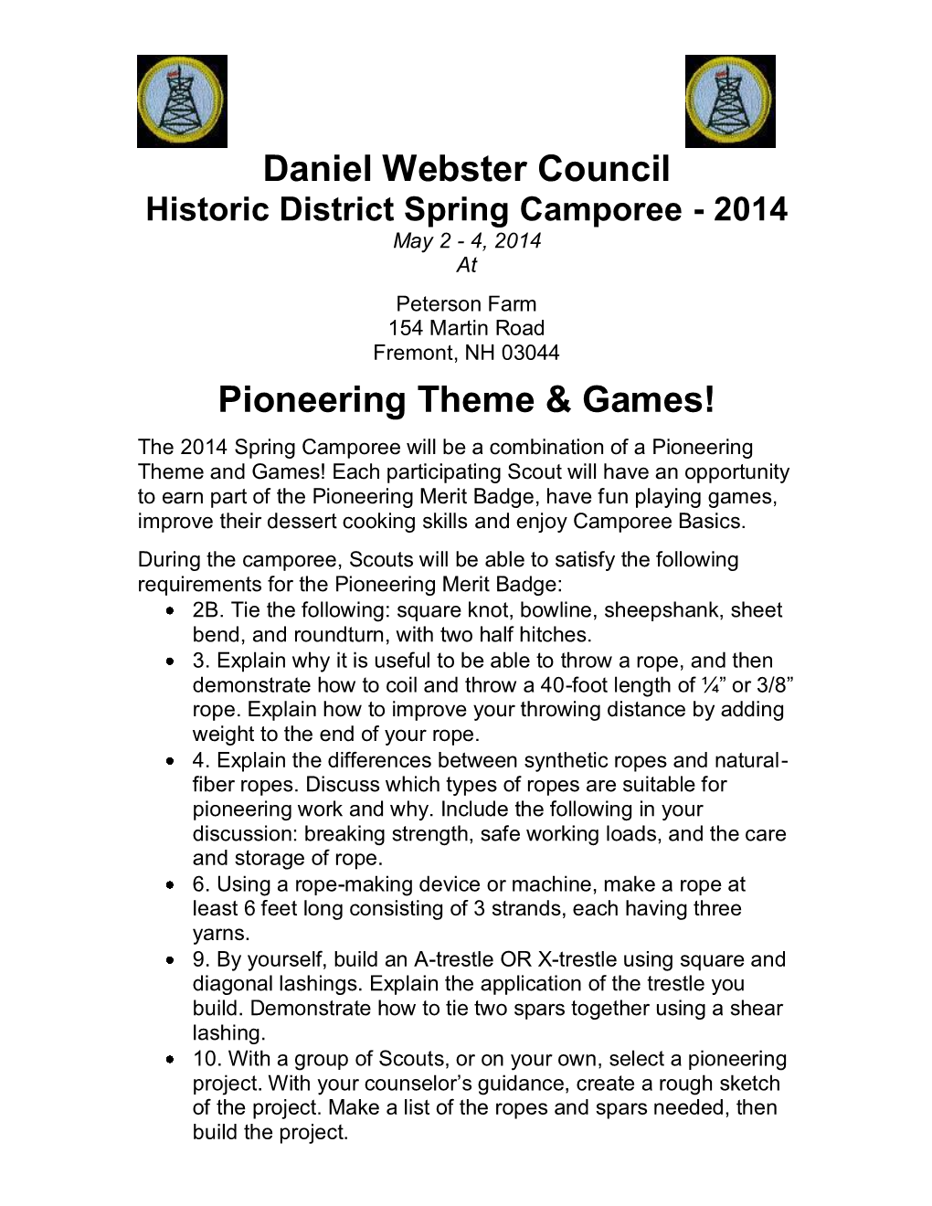 Daniel Webster Council Pioneering Theme & Games!