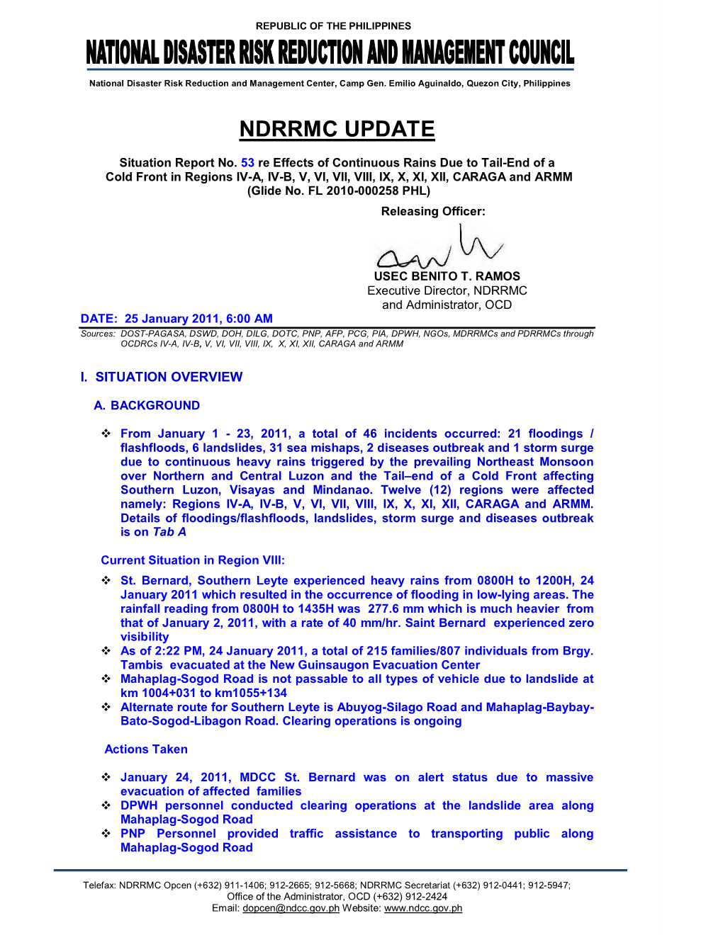 NDRRMC Update Sitrep No. 53 Flooding & Landslides 25 Jan2011