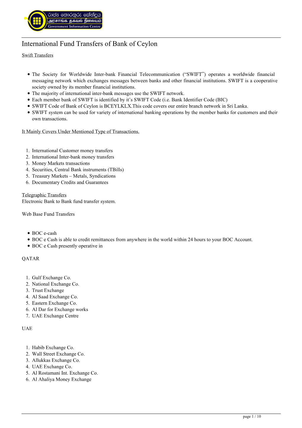 International Fund Transfers of Bank of Ceylon