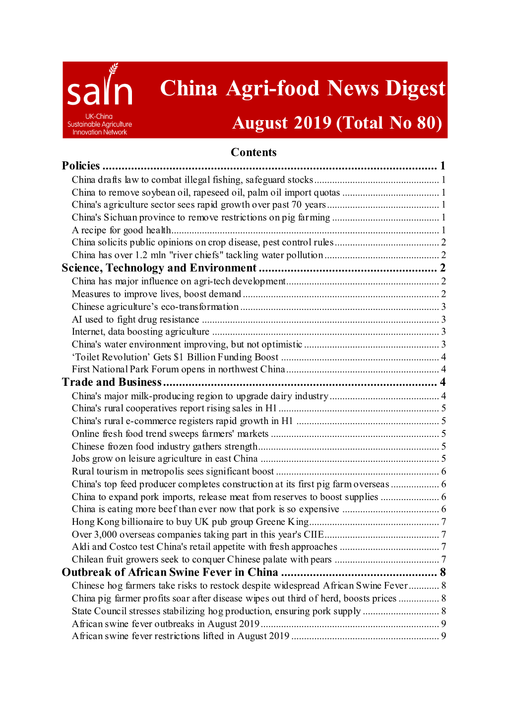 China Agri-Food News Digest Aug 2019