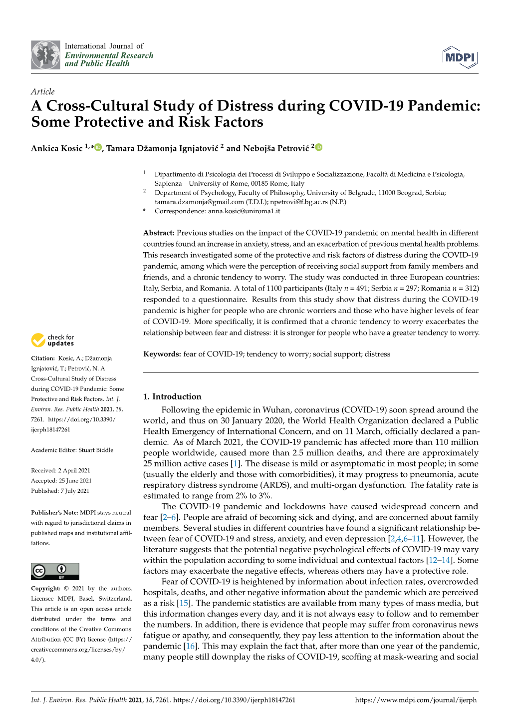 A Cross-Cultural Study of Distress During COVID-19 Pandemic: Some Protective and Risk Factors