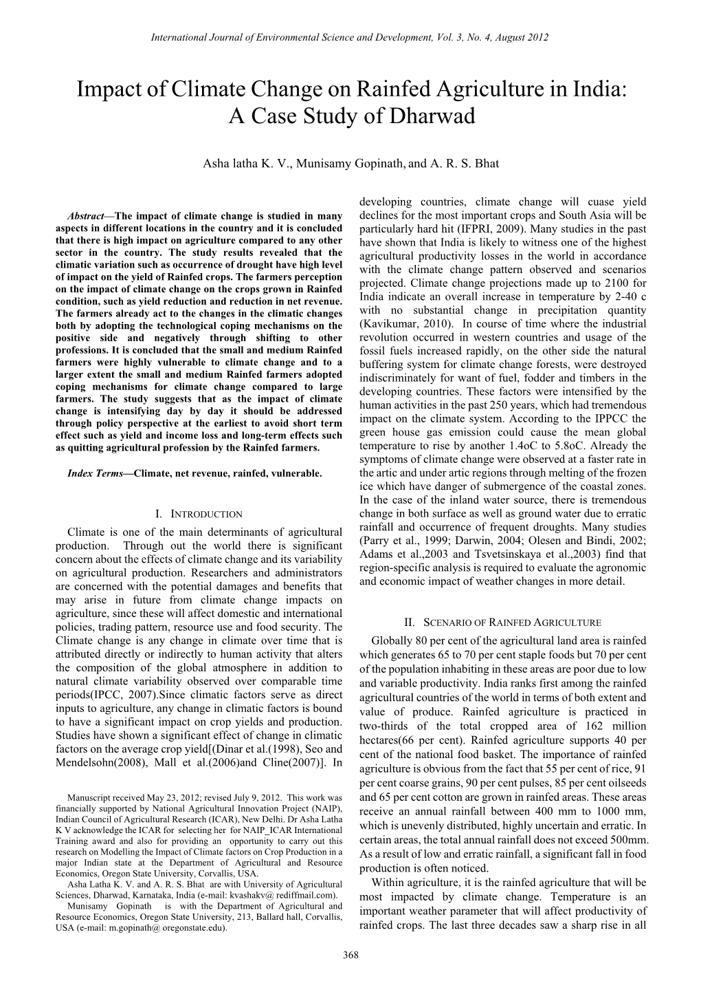 Impact of Climate Change on Rainfed Agriculture in India: a Case Study of Dharwad