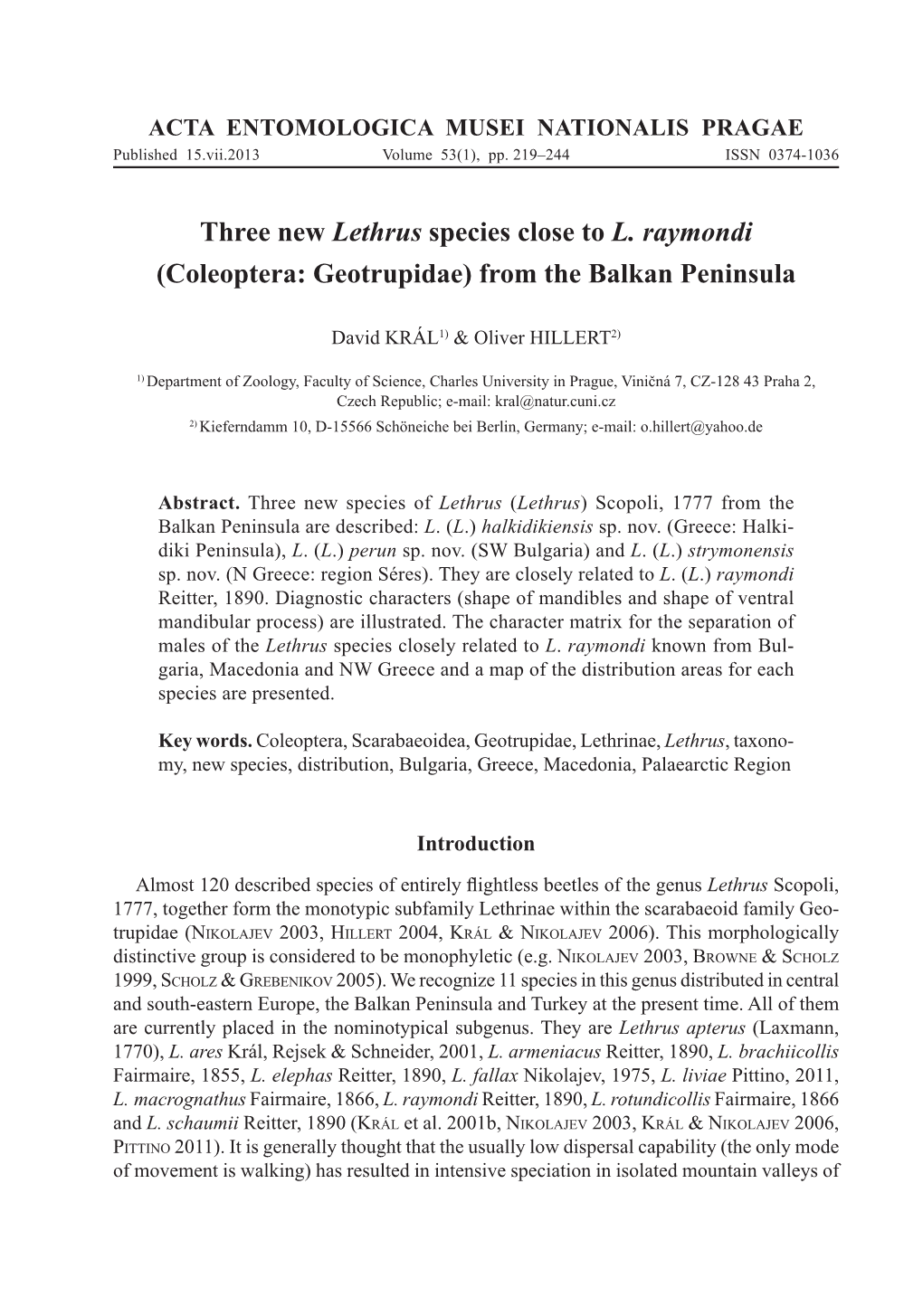 Three New Lethrus Species Close to L. Raymondi (Coleoptera: Geotrupidae) from the Balkan Peninsula
