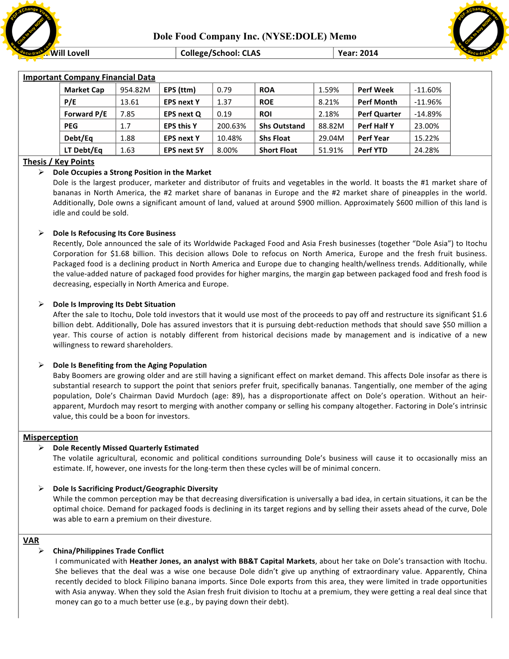 Dole Food Company Inc. (NYSE:DOLE) Memo W Click to Buy NOW! W M O W C .D K