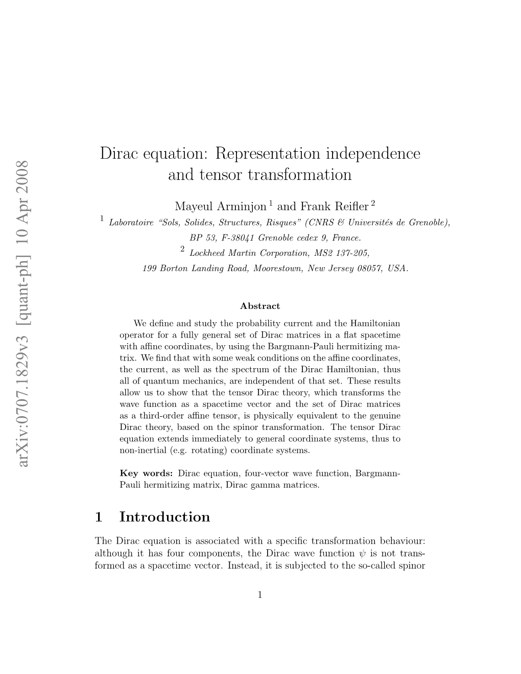 Dirac Equation: Representation Independence and Tensor